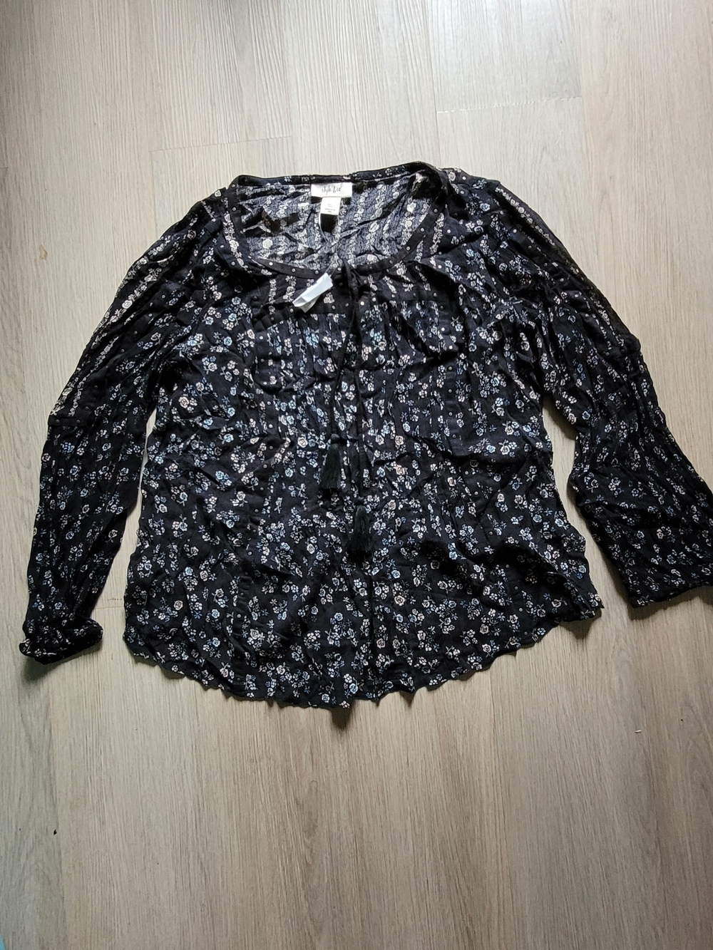NWT Style & Co. Black Floral Tie-Neck Peasant Blouse Size: S